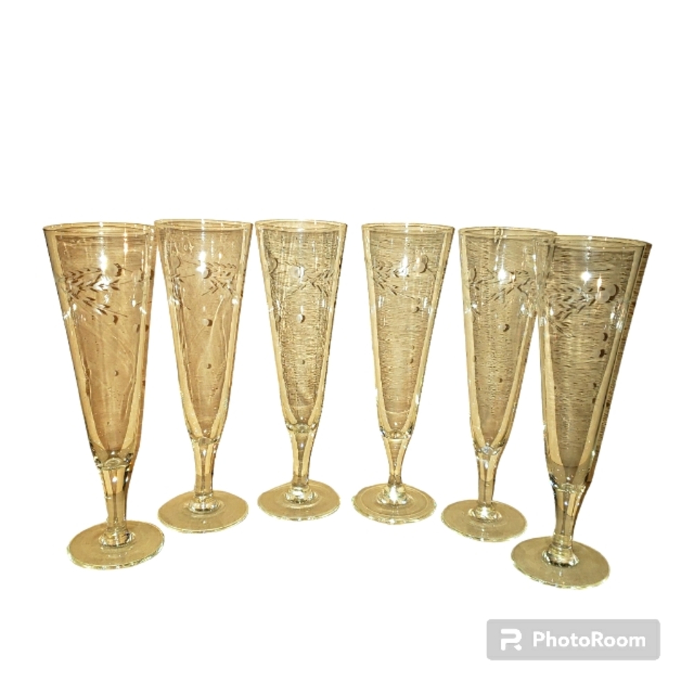 Vintage Set Of 6 Noritake Sasaki Leafy Vine Clear Crystal Champagne Glasses